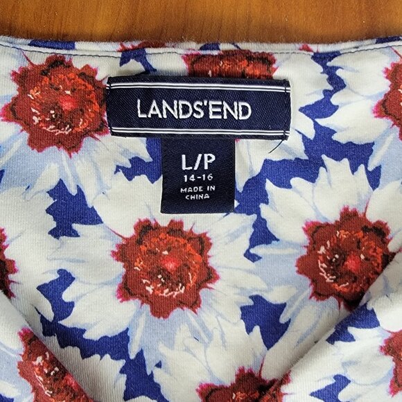 Lands' End Faux Wrap Fit and Flare Sapphire Floral Print Sundress - LP - Picture 6 of 7
